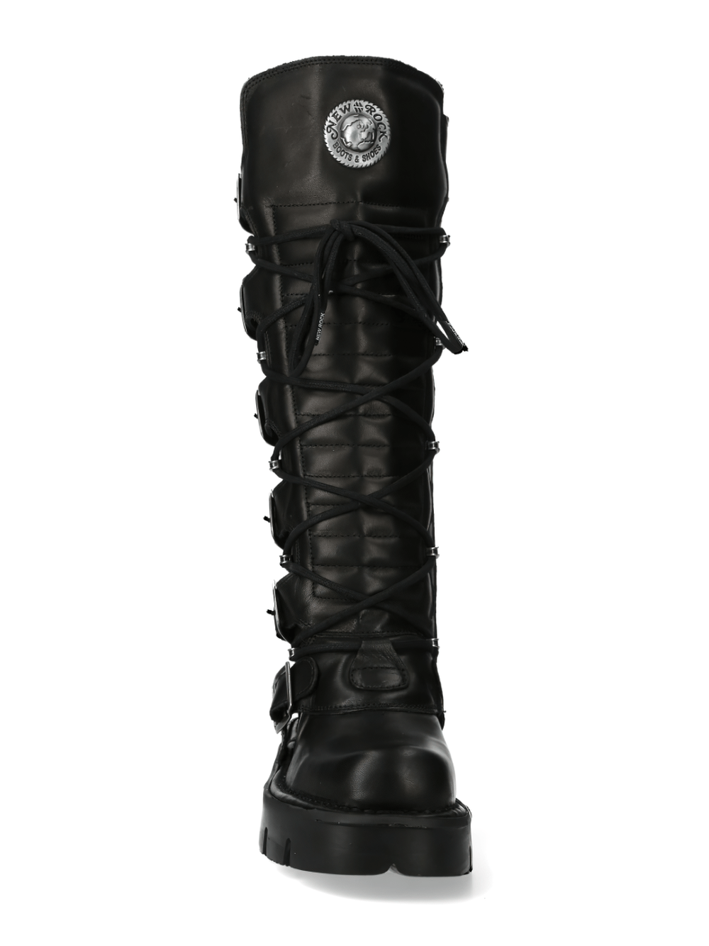 NEW ROCK Black Gothic Punk High Boots with intricate laces, buckles, and a stylish design for edgy fashion.