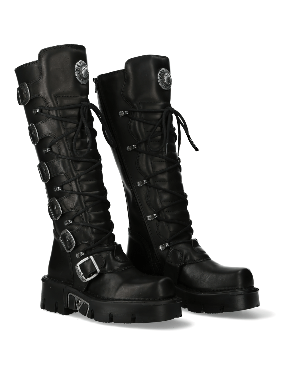 NEW ROCK Black Gothic Punk High Boots with buckles and laces, perfect for edgy fashion enthusiasts.