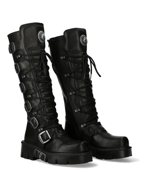 NEW ROCK Women's Black Gothic Punk High Boots with Buckles and Laces