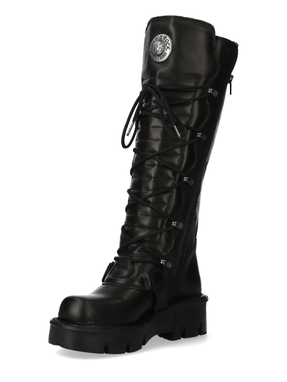 NEW ROCK Black Gothic Punk High Boots with Buckles, Laces, and Zipper - Edgy Metallic Collection Footwear