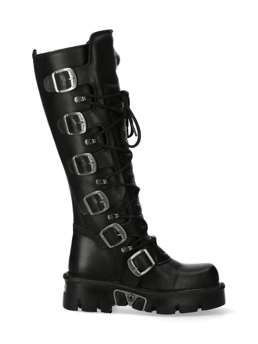 NEW ROCK Black Gothic Punk High Boots with Buckles and Laces, featuring a sleek design and durable rubber sole.