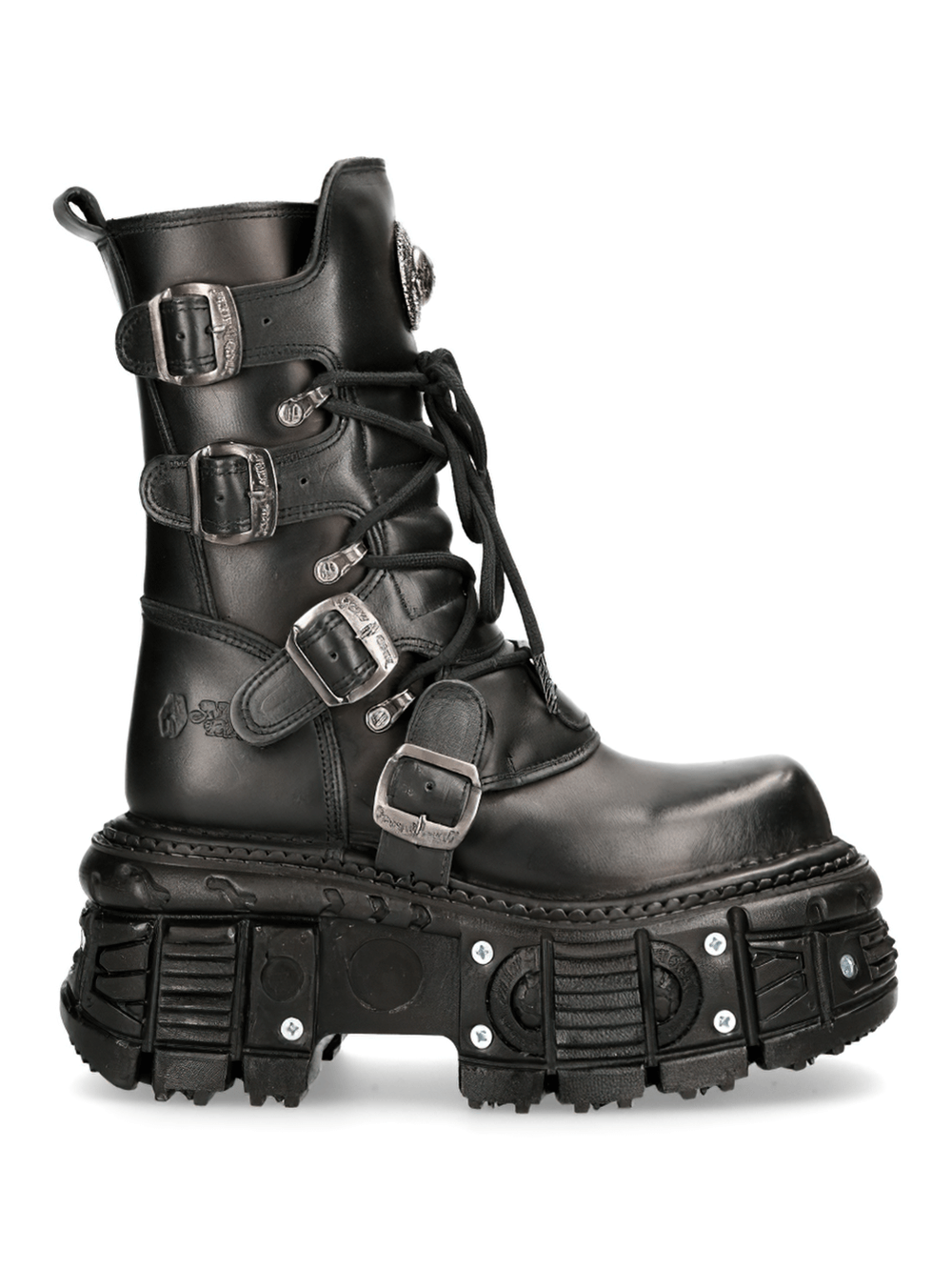 NEW ROCK black gothic punk mid-calf boots with buckles, featuring a thick, rugged sole and stylish lace-up design.