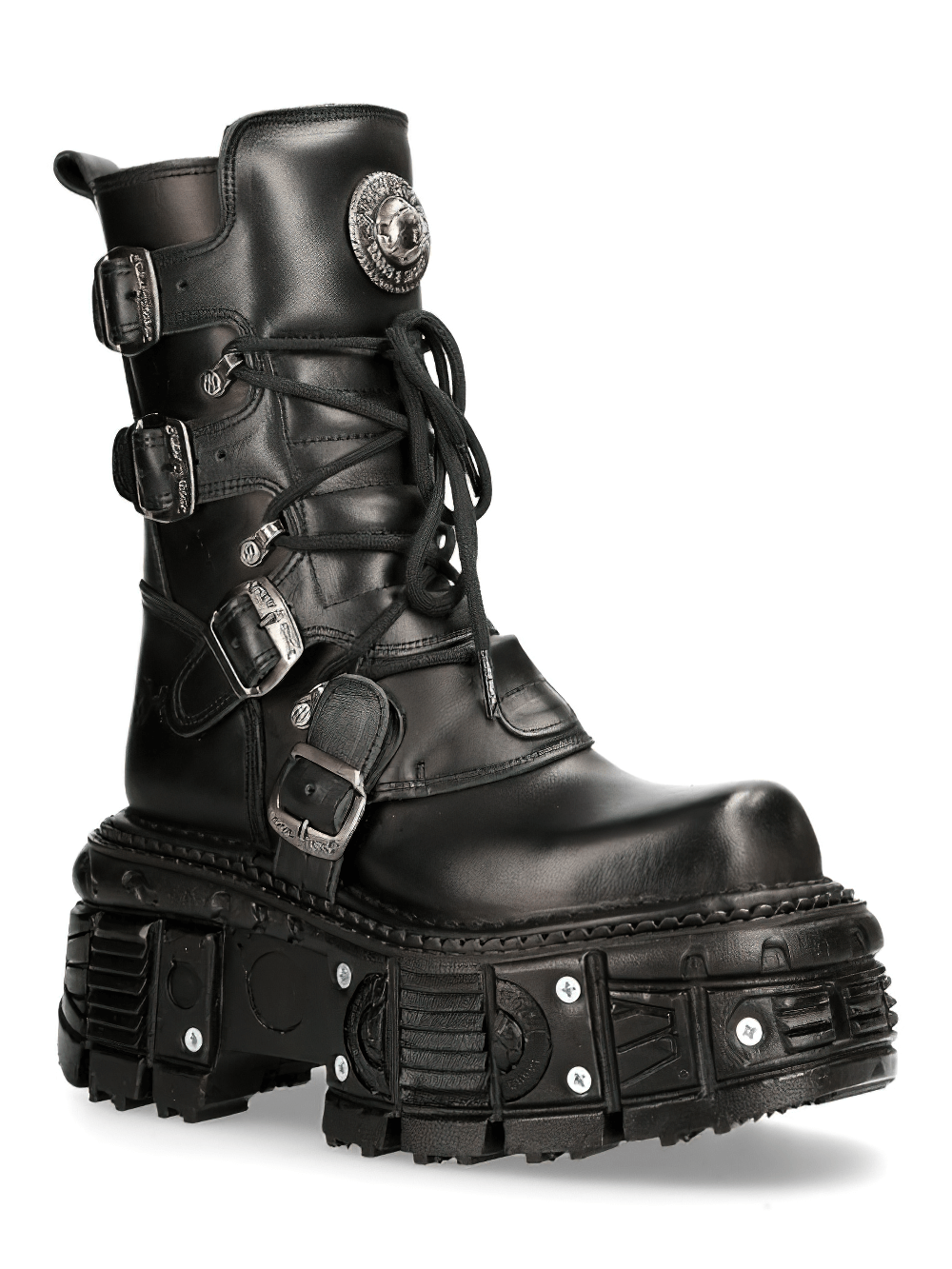 New Rock black gothic punk mid-calf boots with buckles and studded sole, perfect for a bold, edgy look.