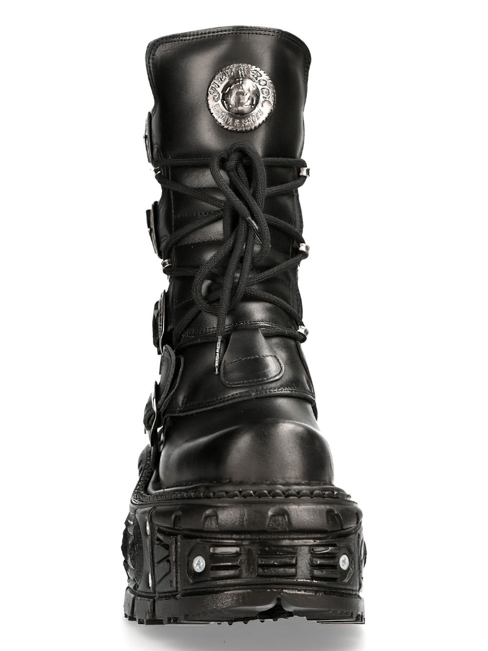 Front view of NEW ROCK Black Gothic Punk Mid-Calf Boots featuring buckles and a studded design.