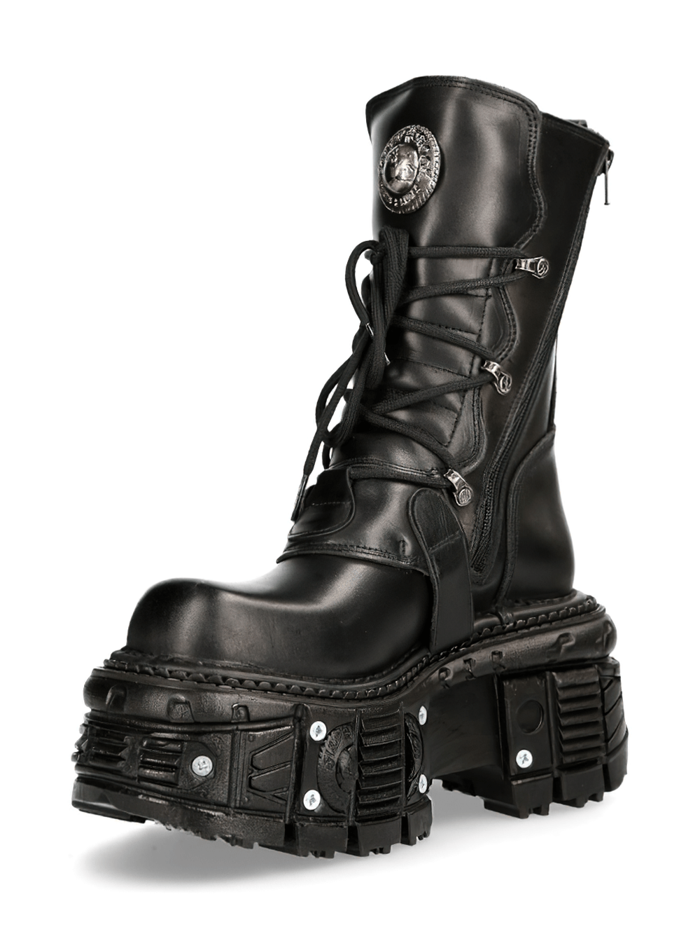 NEW ROCK Black Gothic Punk Mid-Calf Boots with buckles, featuring studded leather and durable platform soles.