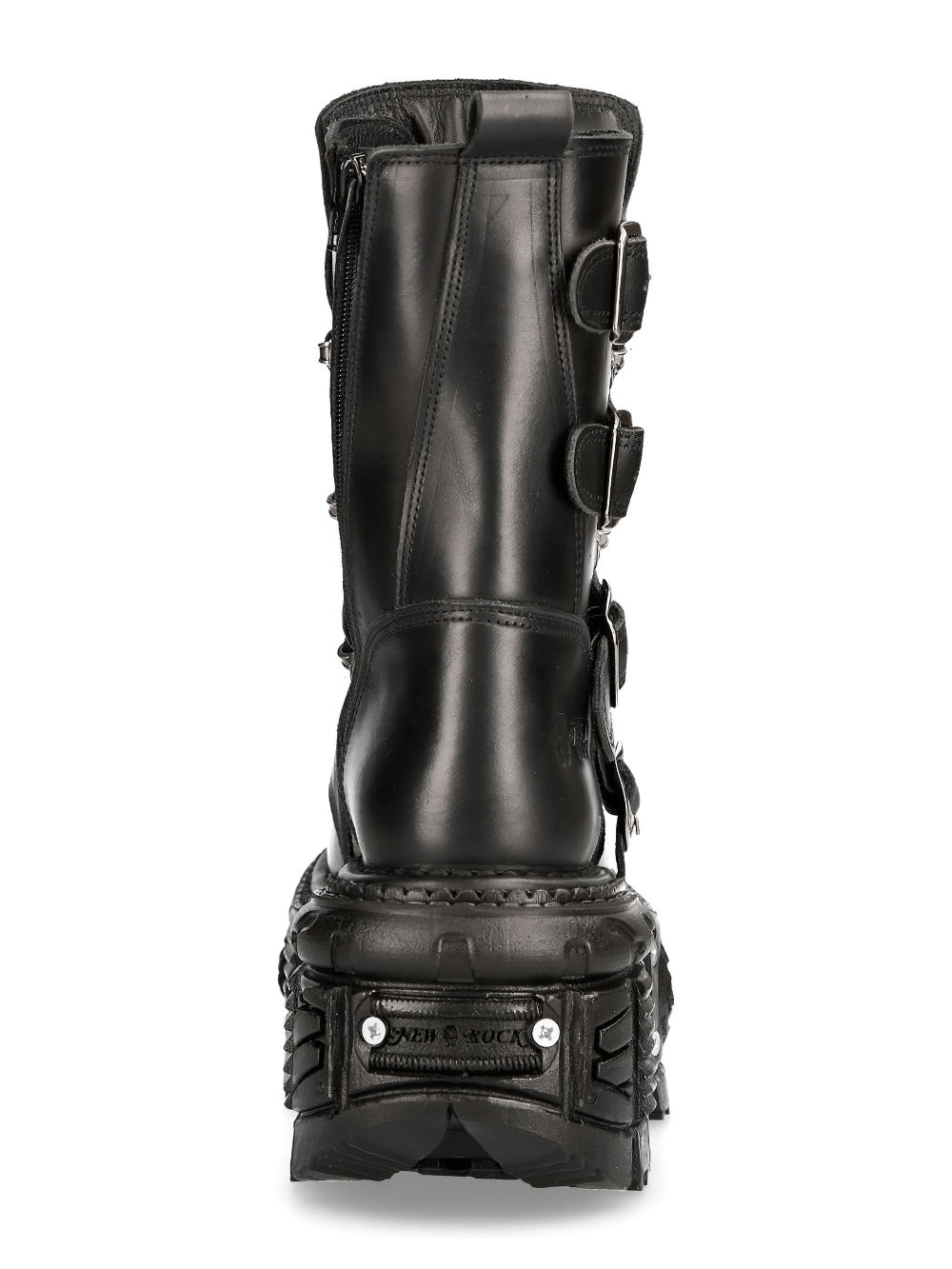 Back view of NEW ROCK Black Gothic Punk Mid-Calf Boots showcasing buckles and sturdy sole.