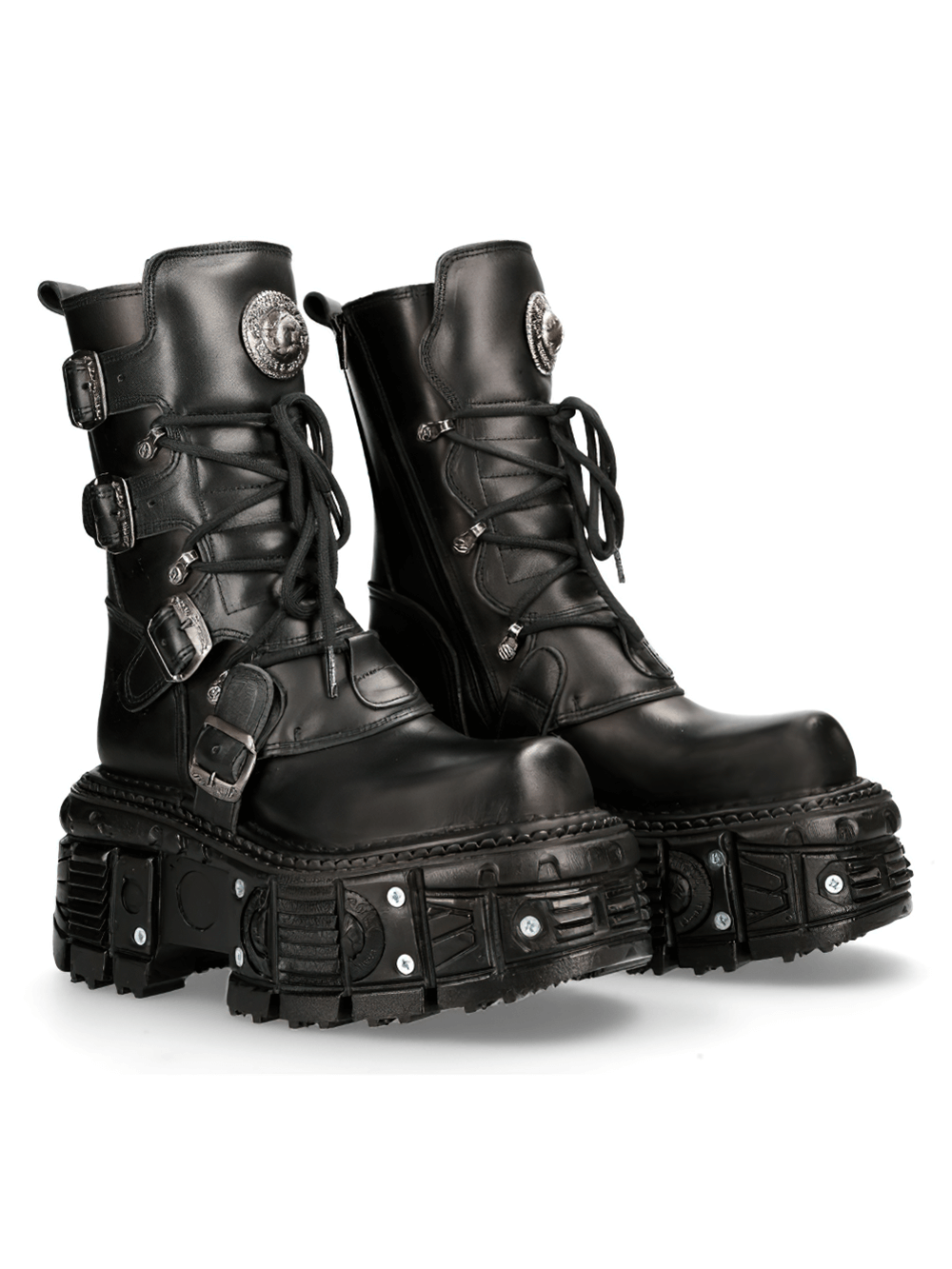 NEW ROCK Black Gothic Punk Mid-Calf Boots with buckles, featuring sturdy leather and thick, stylish soles.