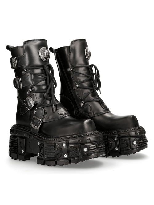 NEW ROCK Men's Black Gothic Punk Mid-Calf Boots with Buckles