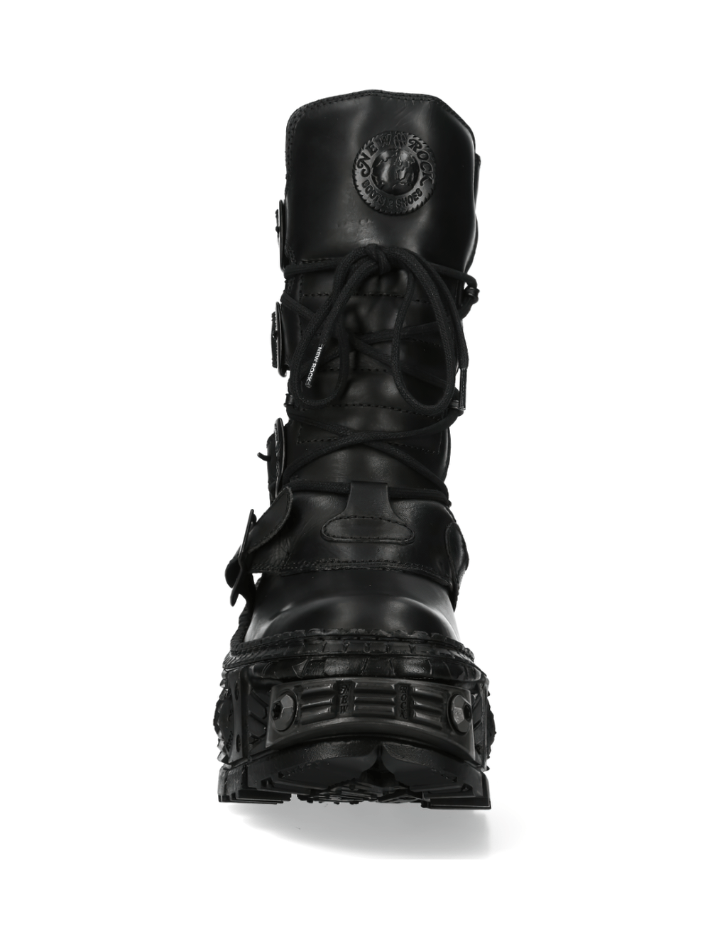 NEW ROCK Black Gothic Punk Military Ankle Boots with Buckles, showcasing stylish lace-up design.