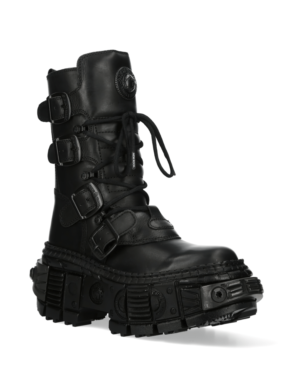 NEW ROCK black gothic punk military ankle boots with buckles, featuring a stylish lace-up design and chunky sole.