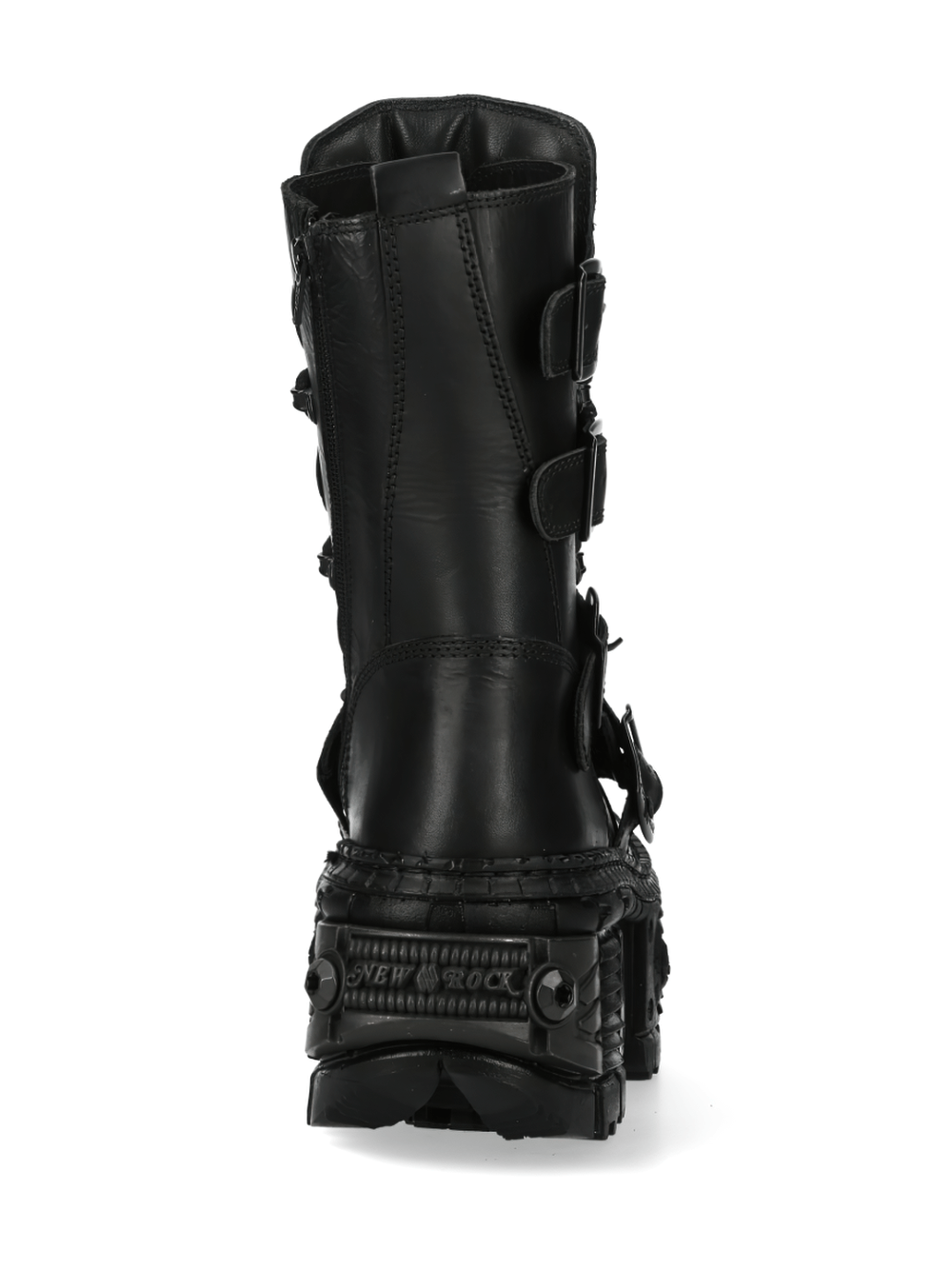 Back view of NEW ROCK Black Gothic Punk Military Ankle Boots featuring buckles and a unique design.