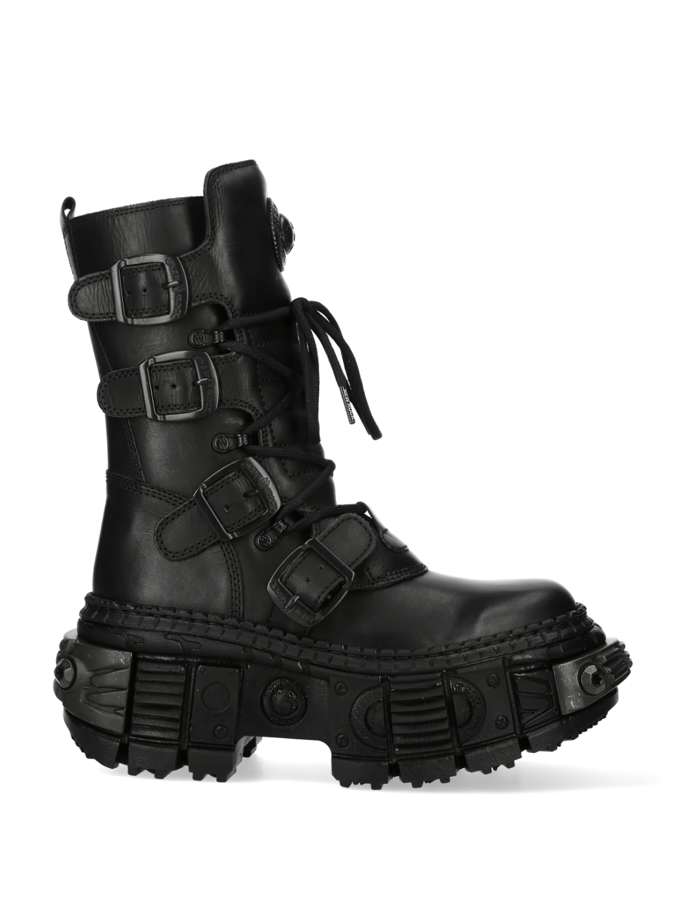 NEW ROCK Black Gothic Punk Military Ankle Boots with Buckles, stylish lace-up and metallic design.