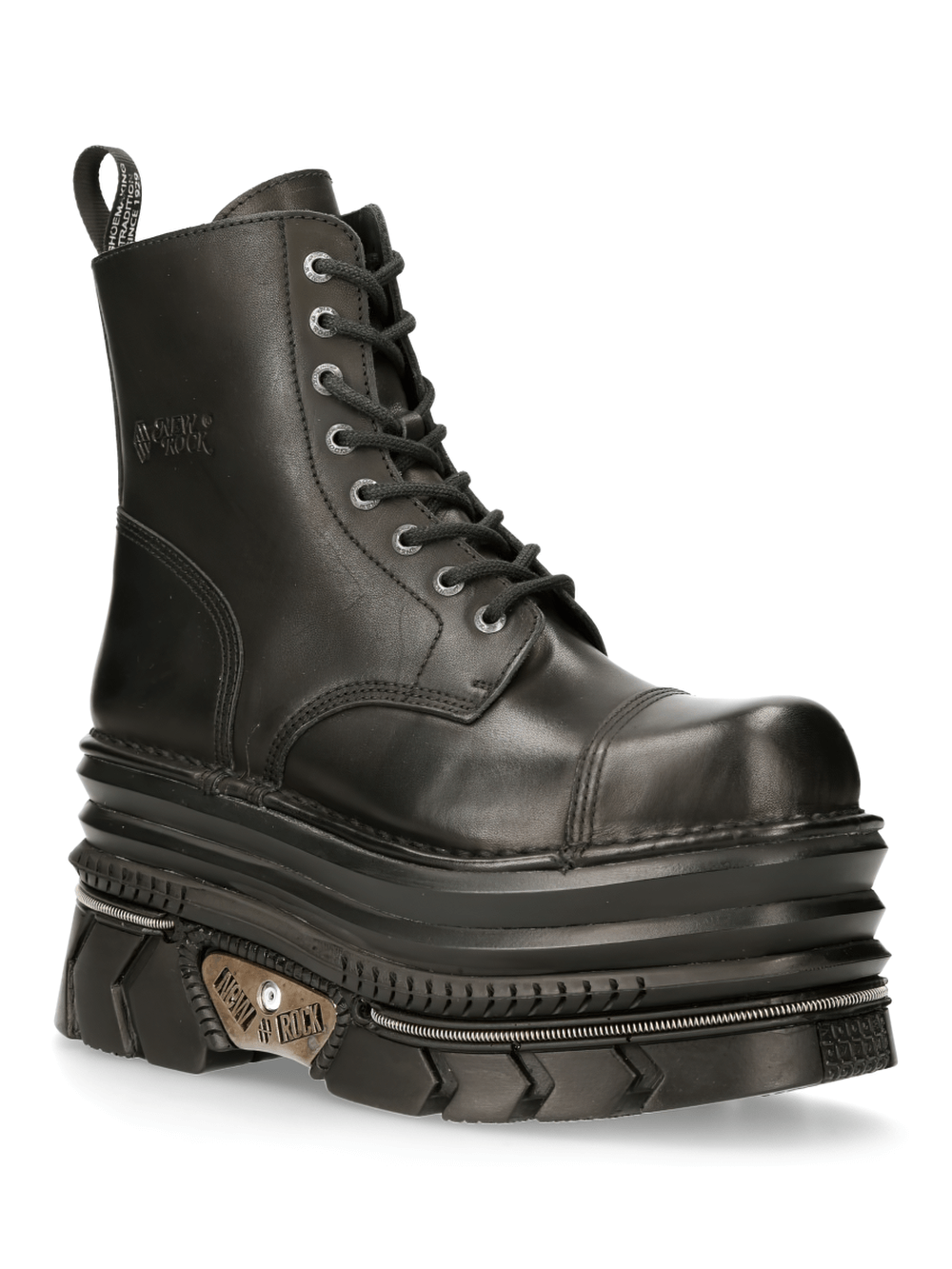 NEW ROCK men's black gothic punk platform lace-up ankle boots with bold military design.