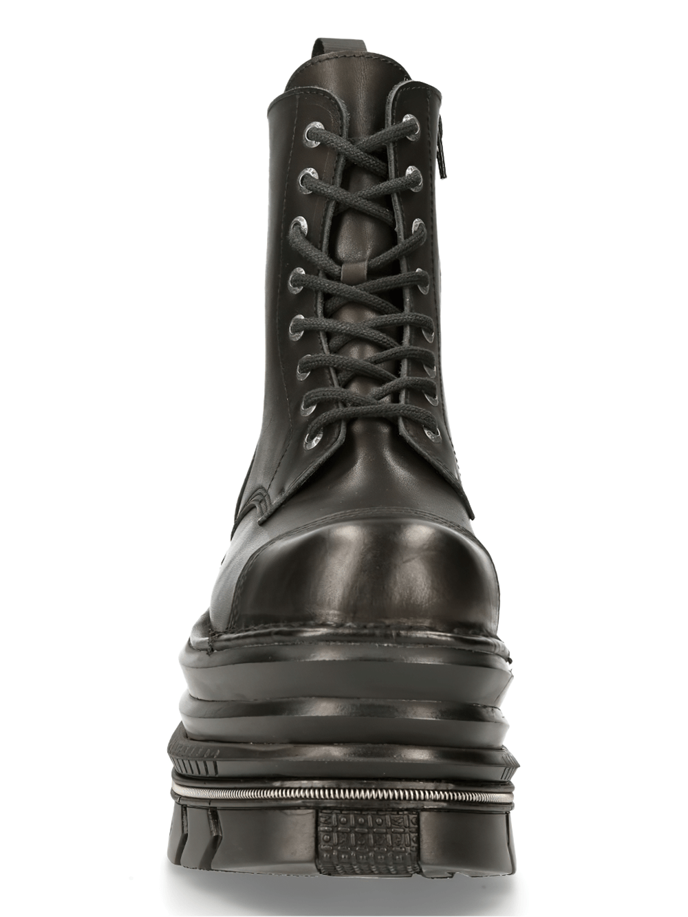 Front view of NEW ROCK black gothic punk lace-up ankle boots with military design and bold platform.