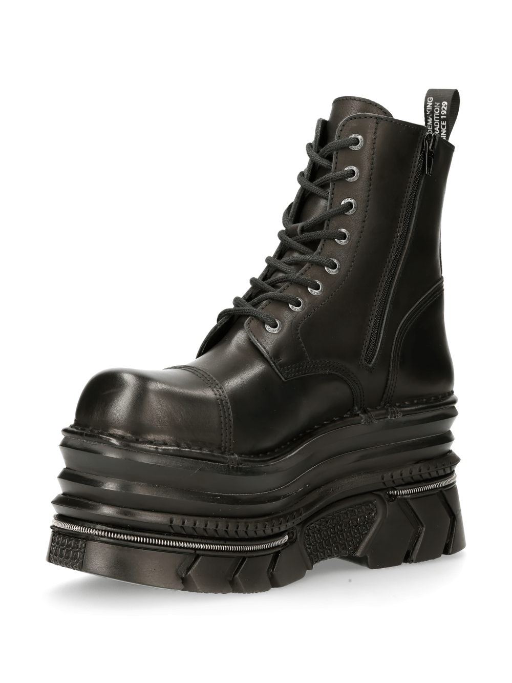 NEW ROCK Men's black gothic punk platform ankle boots with lace-up closure and military design.