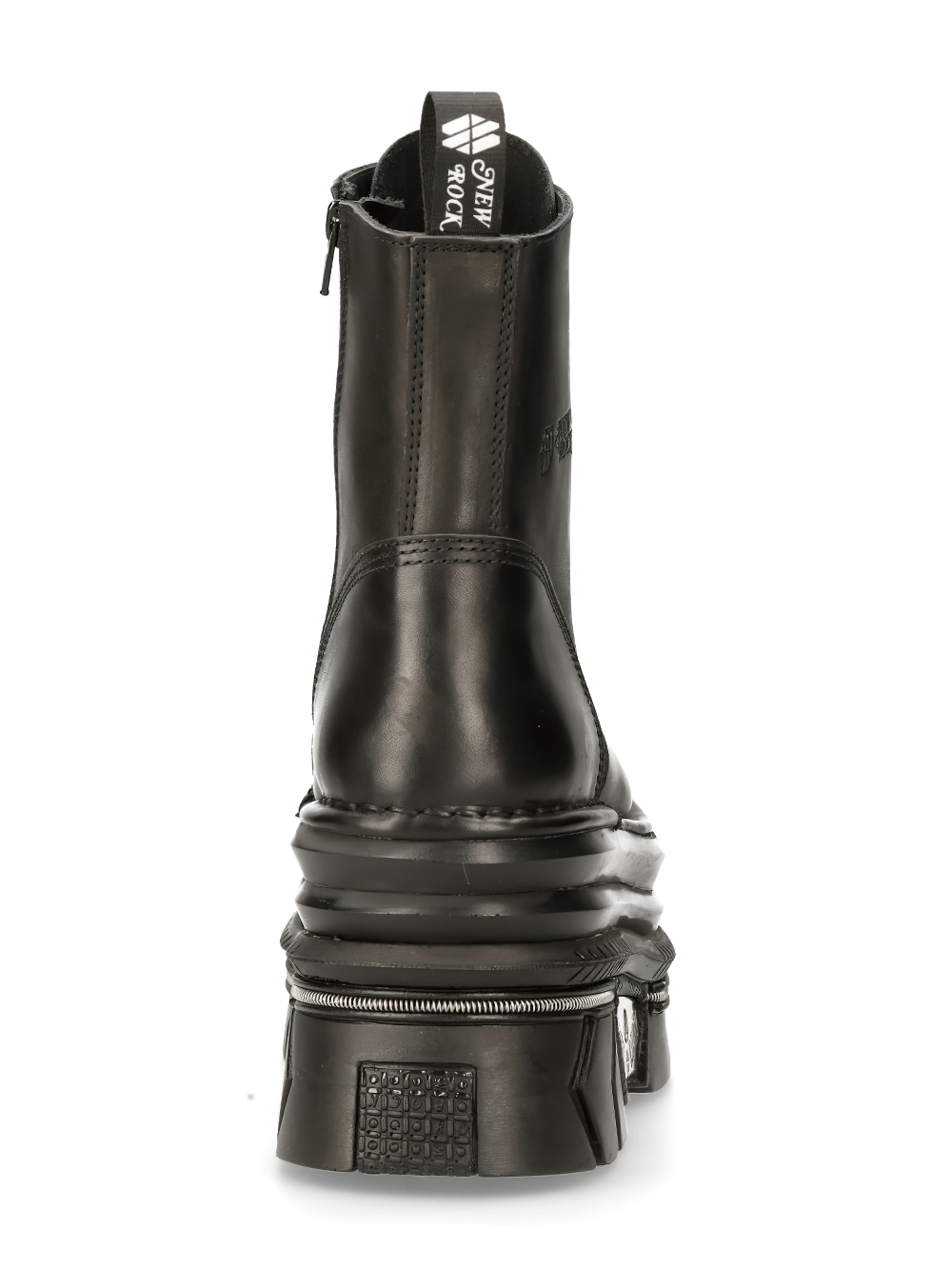 Back view of NEW ROCK Men's Black Gothic Punk Platform Ankle Boots with zipper and thick platform sole.