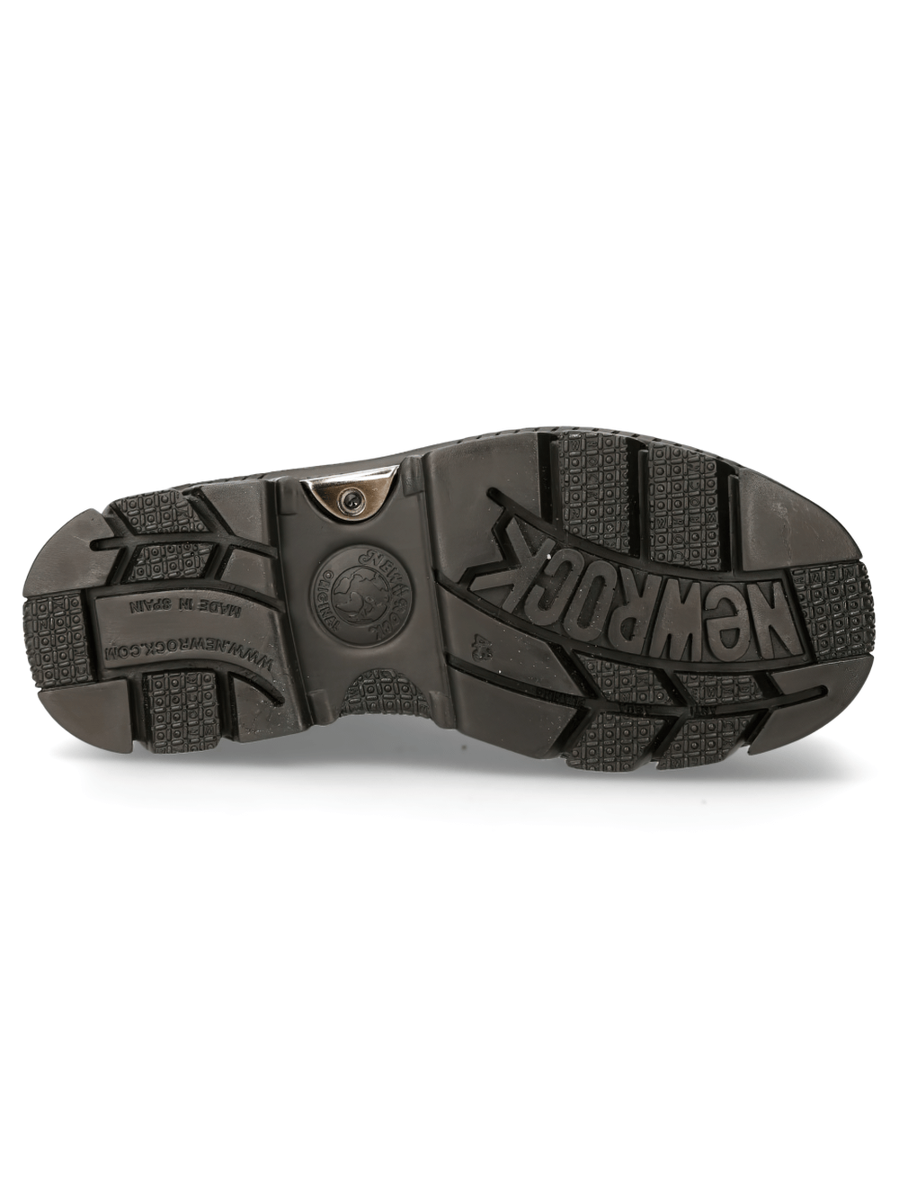 New Rock Men's black Gothic punk ankle boots sole with rugged tread and signature logo.