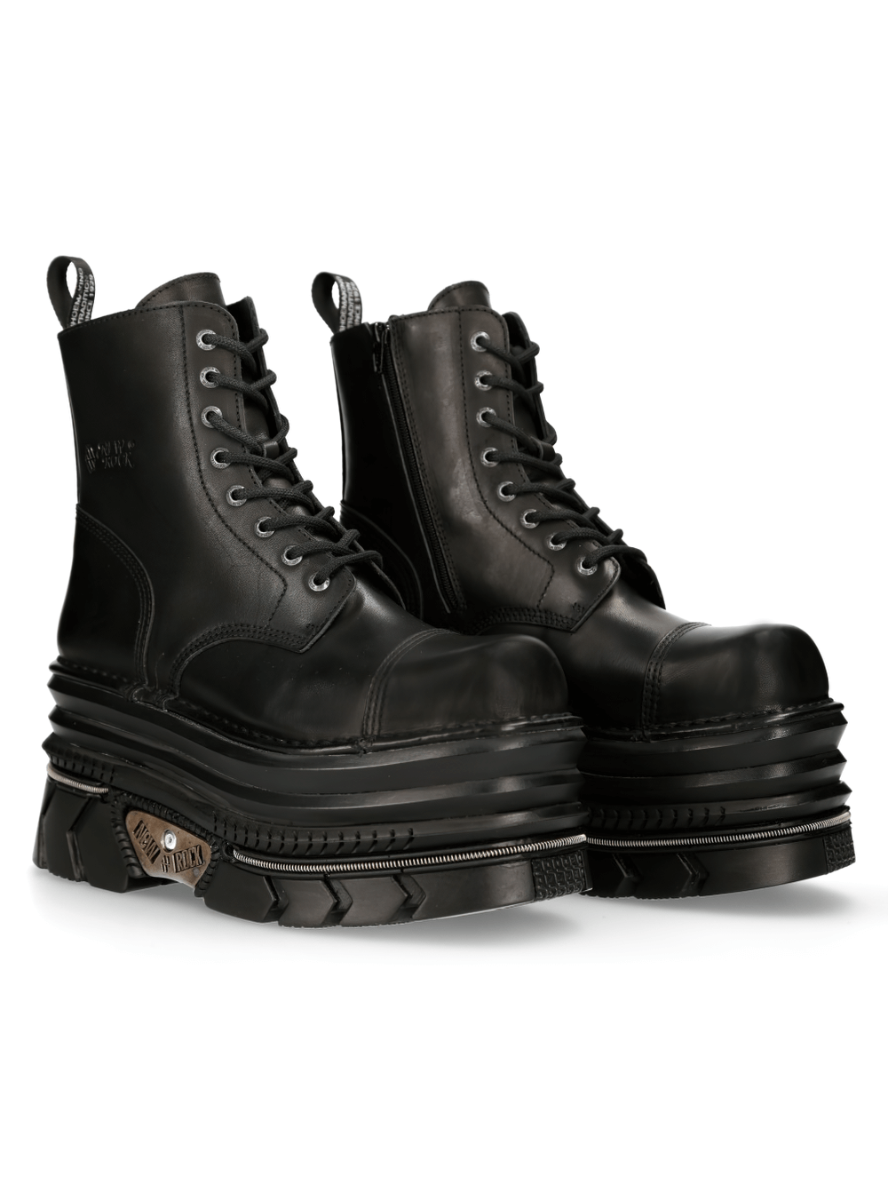 NEW ROCK men's black gothic punk platform lace-up ankle boots with military design and distinctive chunky sole.