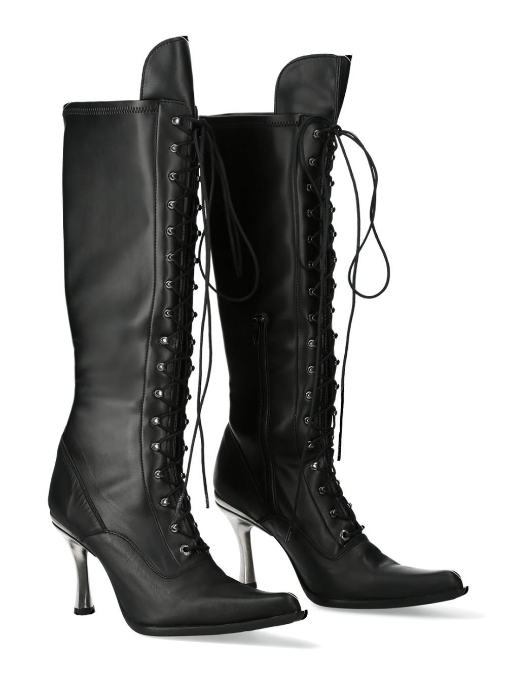 NEW ROCK Black Gothic Tall Laced Heeled Boots with metallic accents and punk rock design.