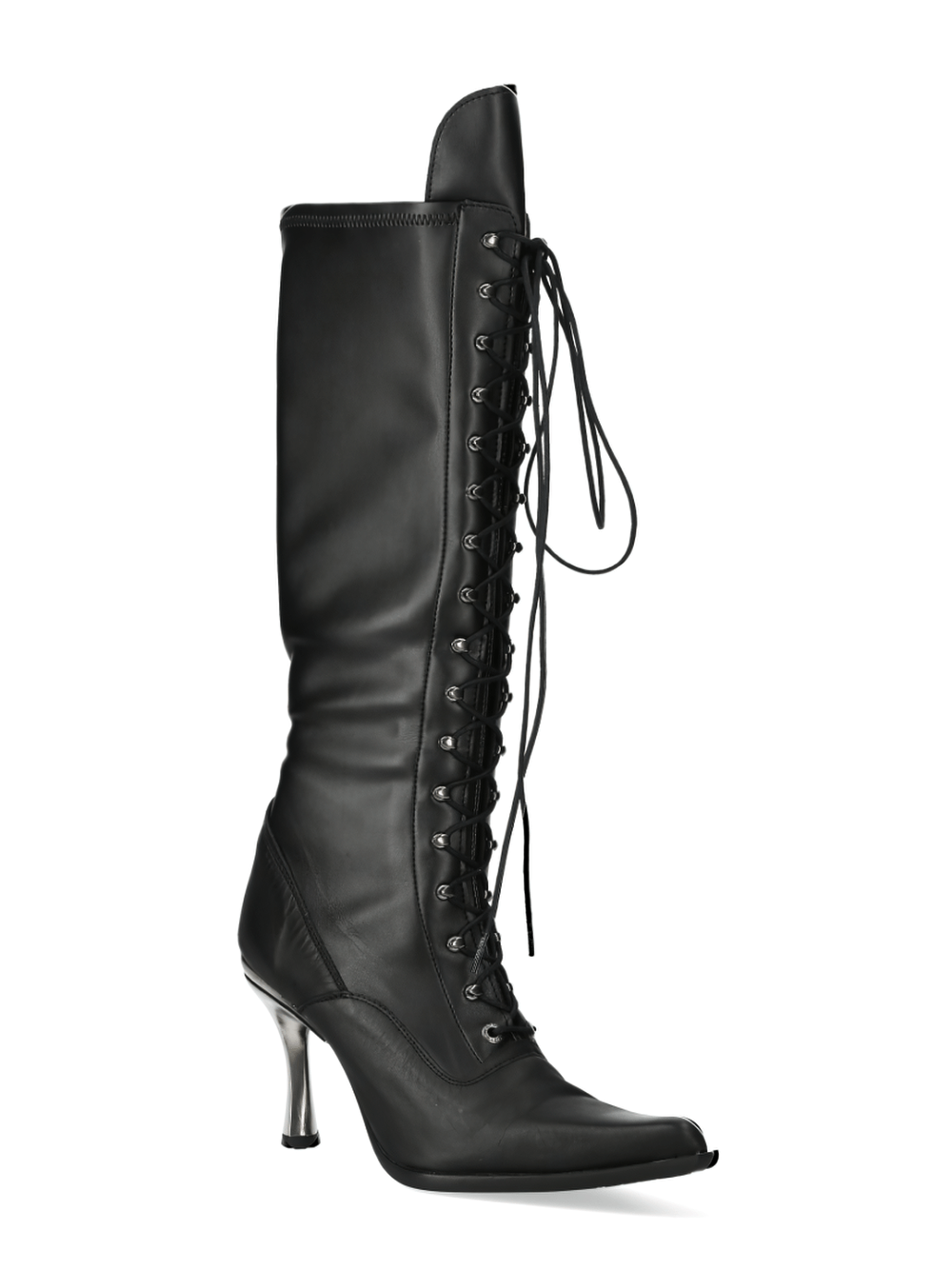 NEW ROCK Black Gothic Tall Laced Heeled Boots with metallic accents and a punk rock design.