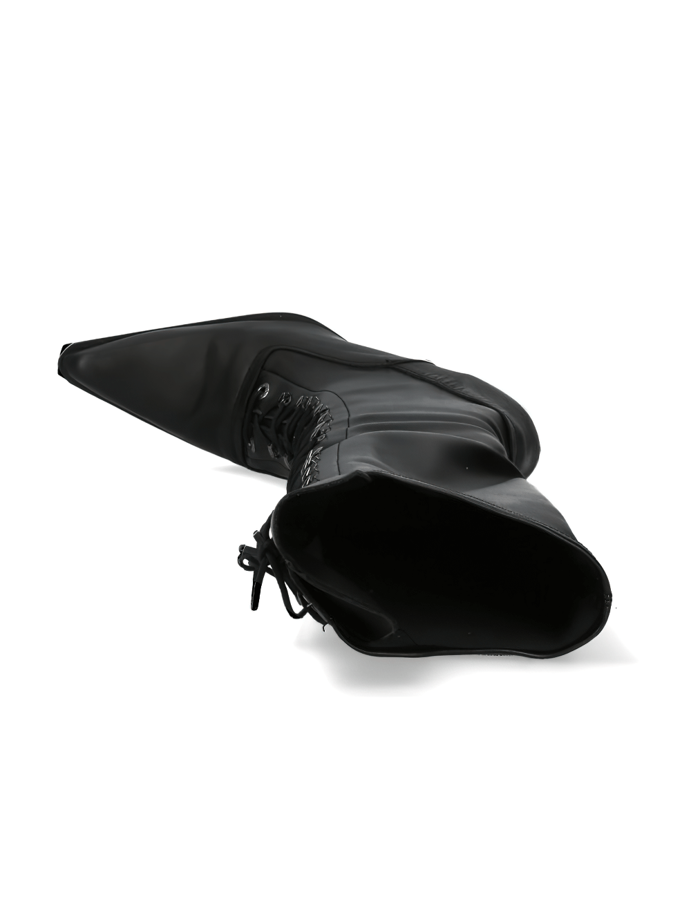 Black Gothic Tall Laced Heeled Boots with Metallic Accents, showcasing a punk rock design and lace-up details.