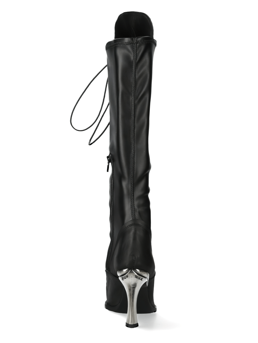 Black Gothic tall laced heeled boots with metallic accents and sleek design from the Malicia Collection.