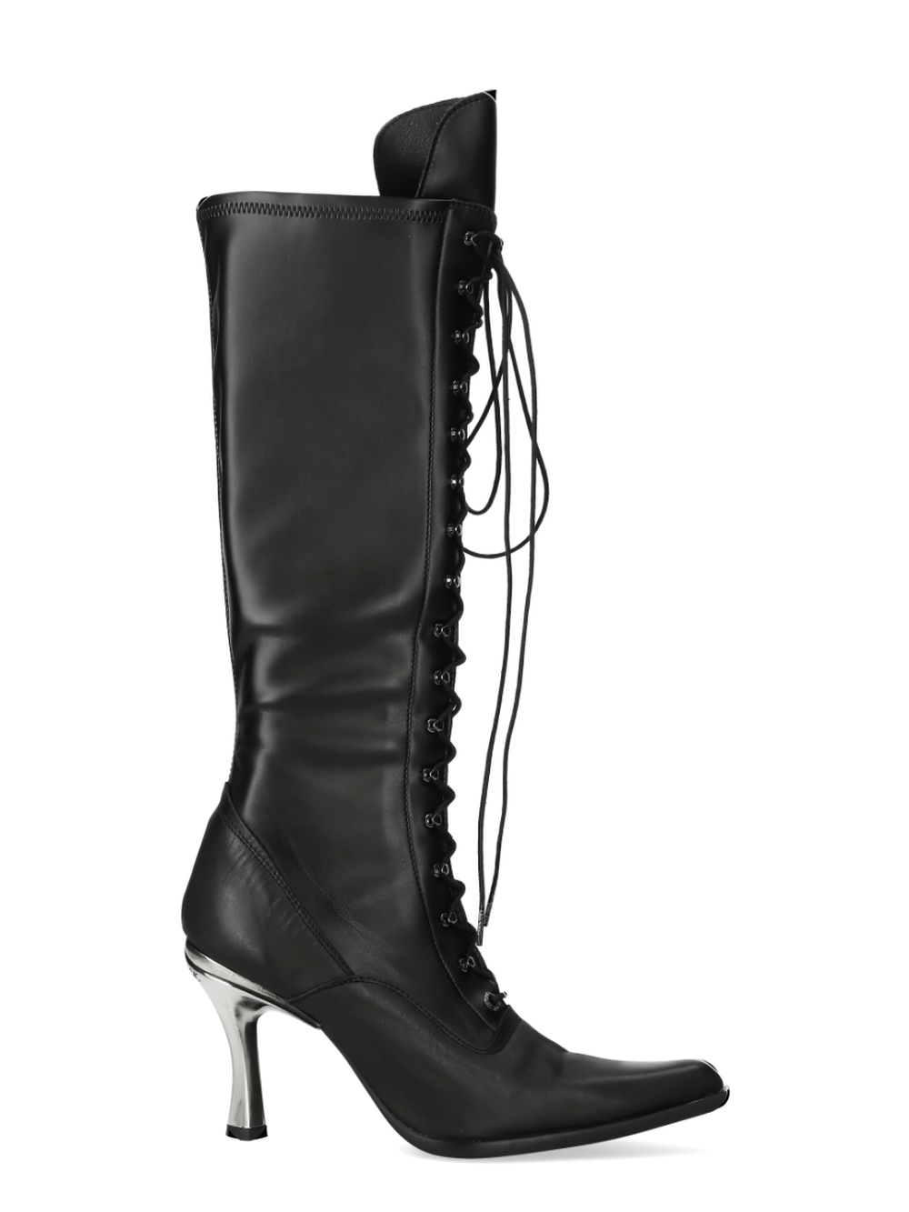 NEW ROCK Black Gothic Tall Laced Heeled Boots with metallic accents, perfect for a punk rock look.