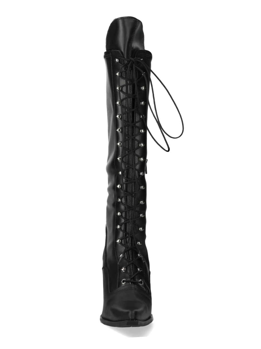 NEW ROCK Black Gothic Tall Heeled Boots with lace-up design and metallic accents for a punk rock flair.