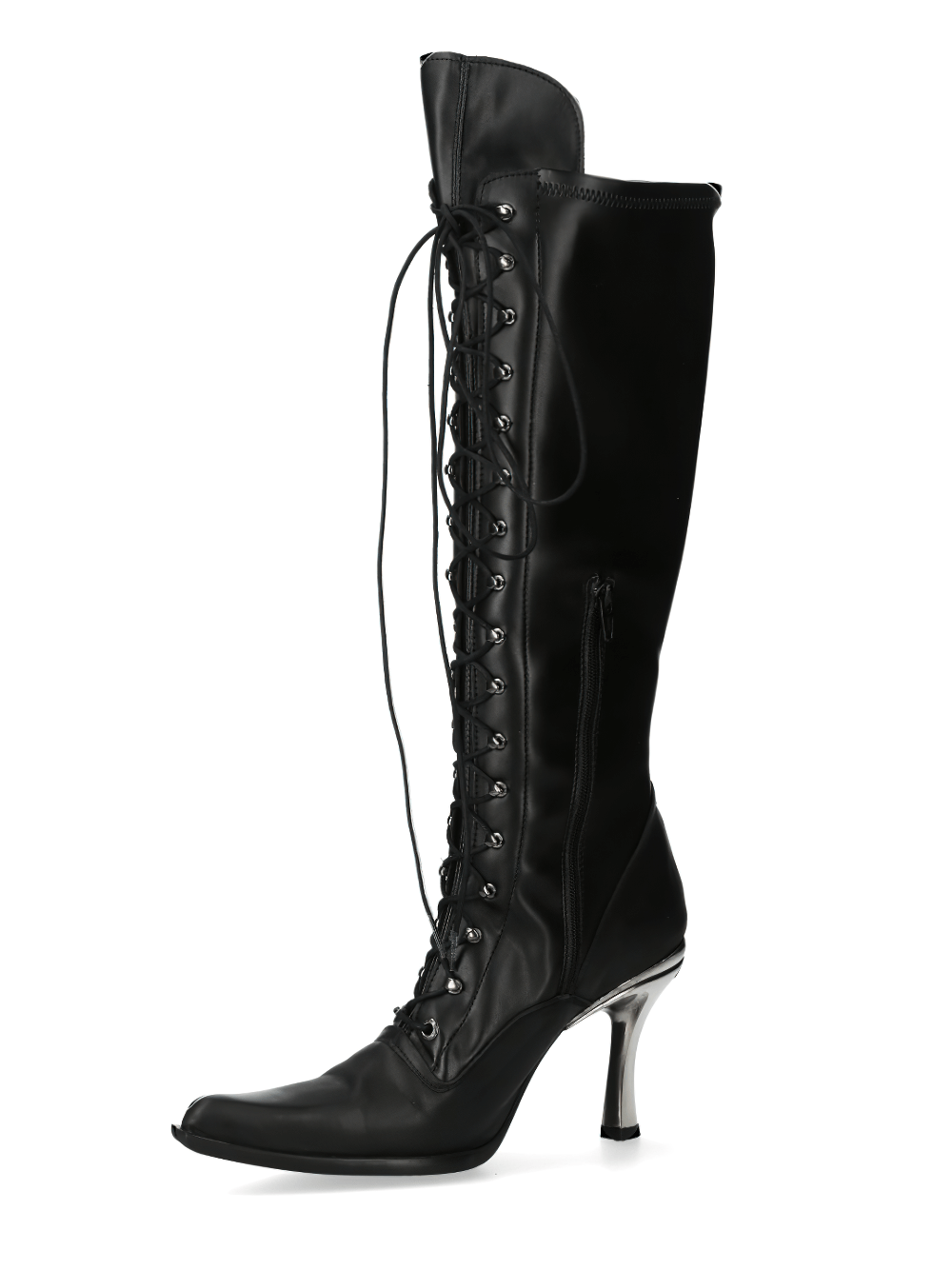 NEW ROCK Black Gothic Tall Heeled Boots with lace-up design and metallic accents.
