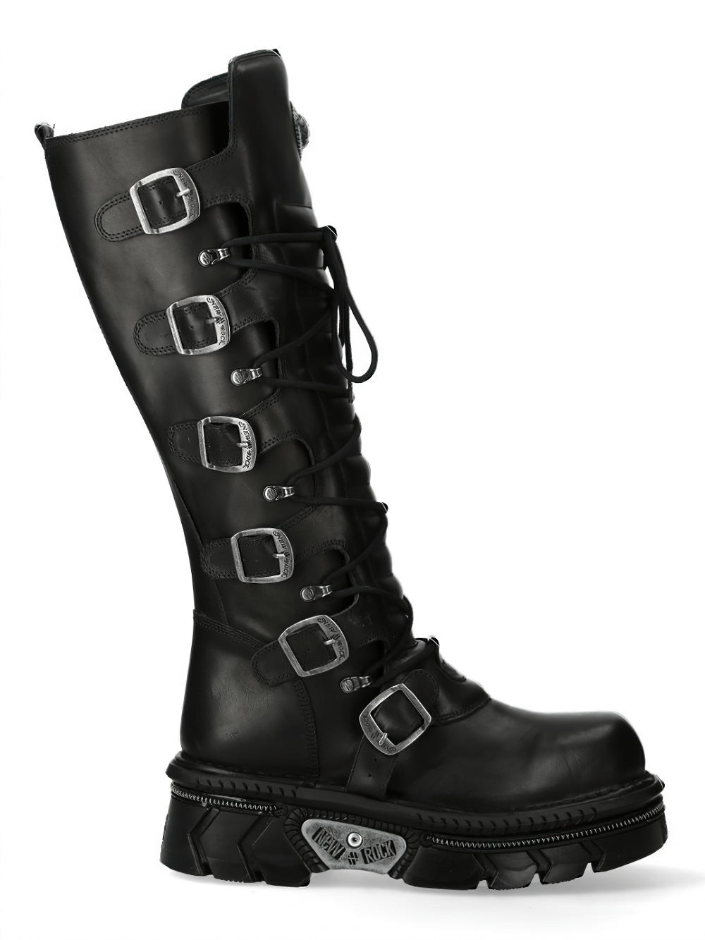 NEW ROCK Black High Boots with Buckles, Lace-Up Design, and edgy punk style. Crafted from genuine leather.