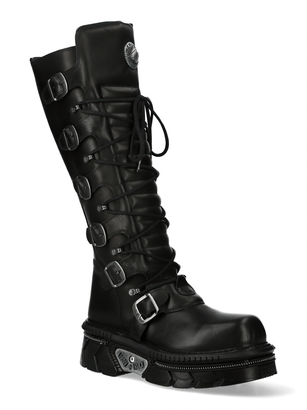 NEW ROCK Black High Boots with Buckles, Lace-Up Design, and edgy goth punk style, crafted from durable leather.