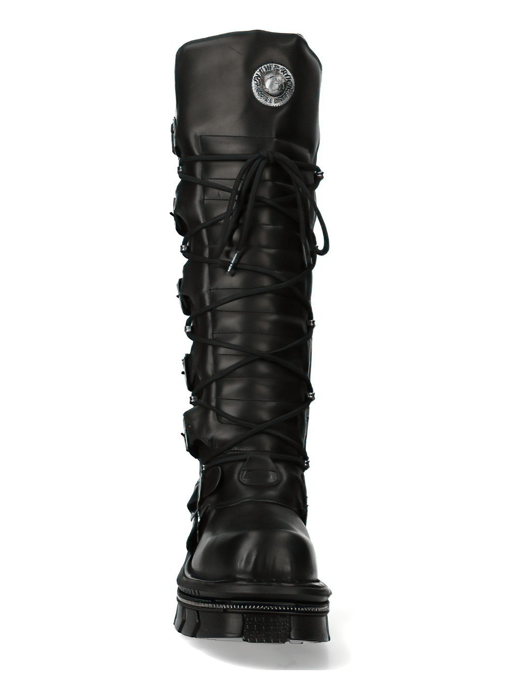 NEW ROCK black high boots with buckles and lace-up design, showcasing a bold goth punk aesthetic.