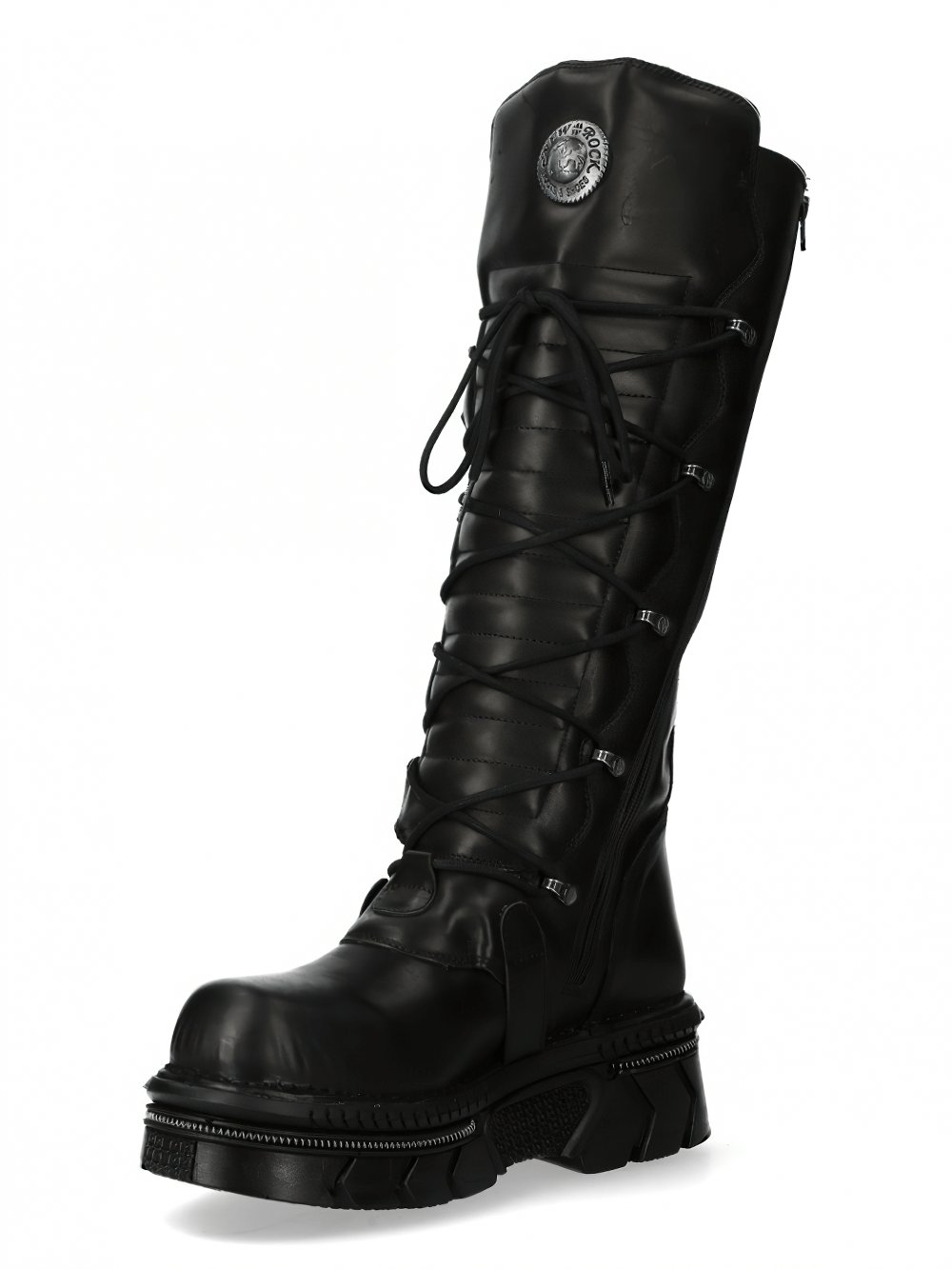 NEW ROCK Black High Boots featuring buckles and lace-up front, crafted from genuine leather, stylish rock and goth design.