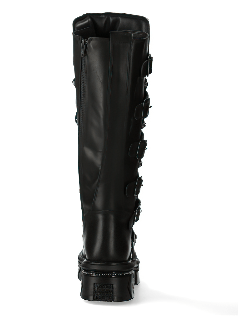 NEW ROCK Black High Boots featuring buckles and lace-up design, showcasing a sleek goth style.