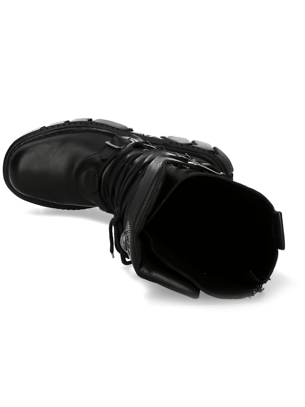 Top view of NEW ROCK black high leather boots with buckles and lace-up design, showcasing a rock and punk aesthetic.