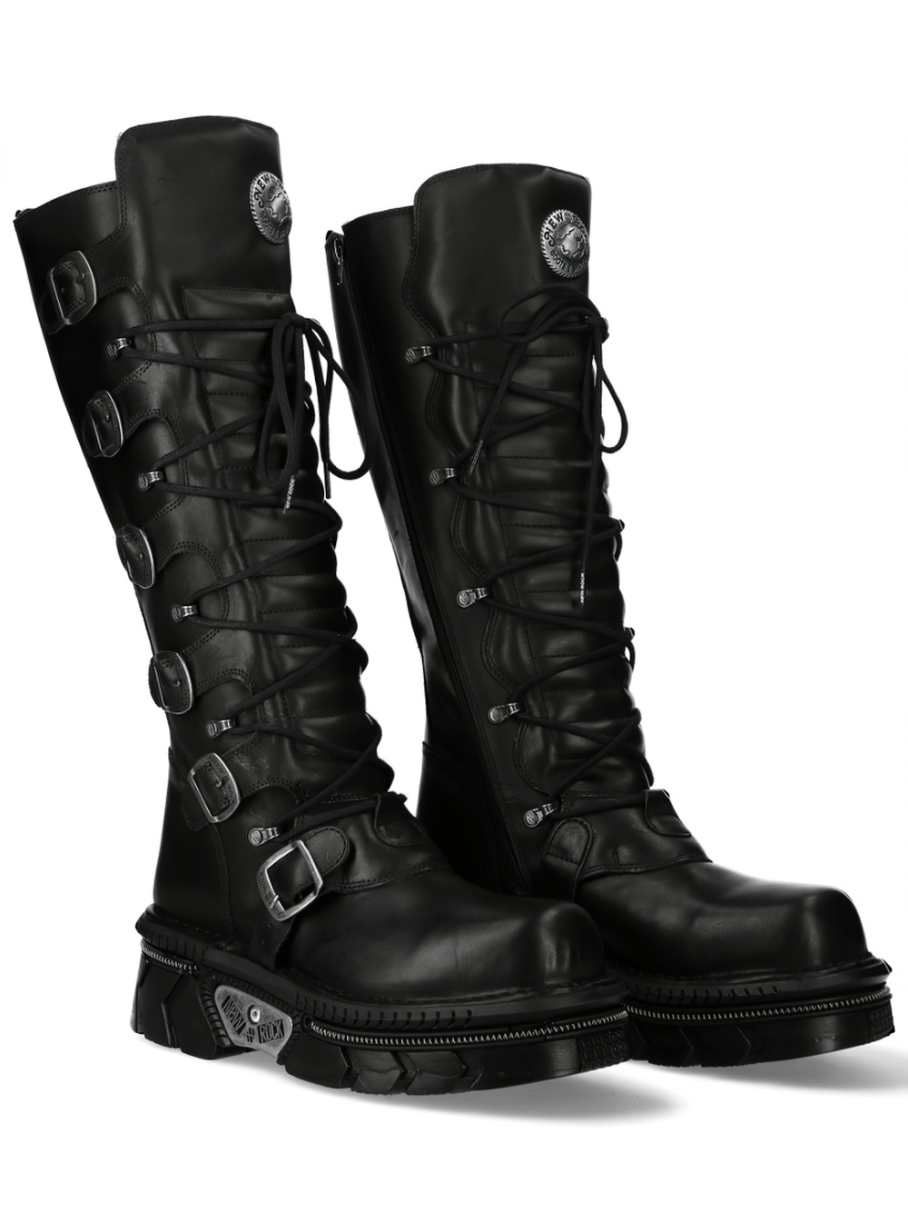 NEW ROCK Black High Boots with Buckles and Lace-Up, showcasing a punk rock style in genuine leather.