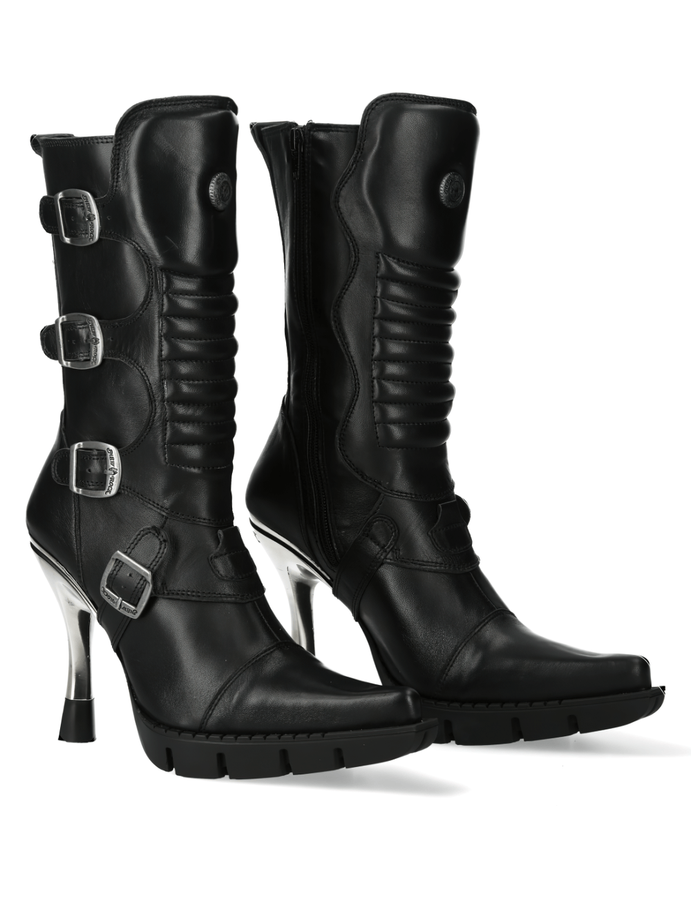 NEW ROCK Black high-heel urban boots with buckles, featuring bold cow leather and striking metallic accents.