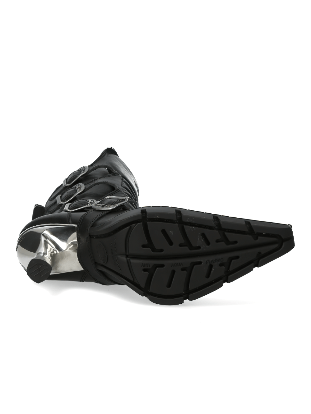 Black high-heel urban boots with buckles and a shiny metallic heel, featuring a durable TPU sole.