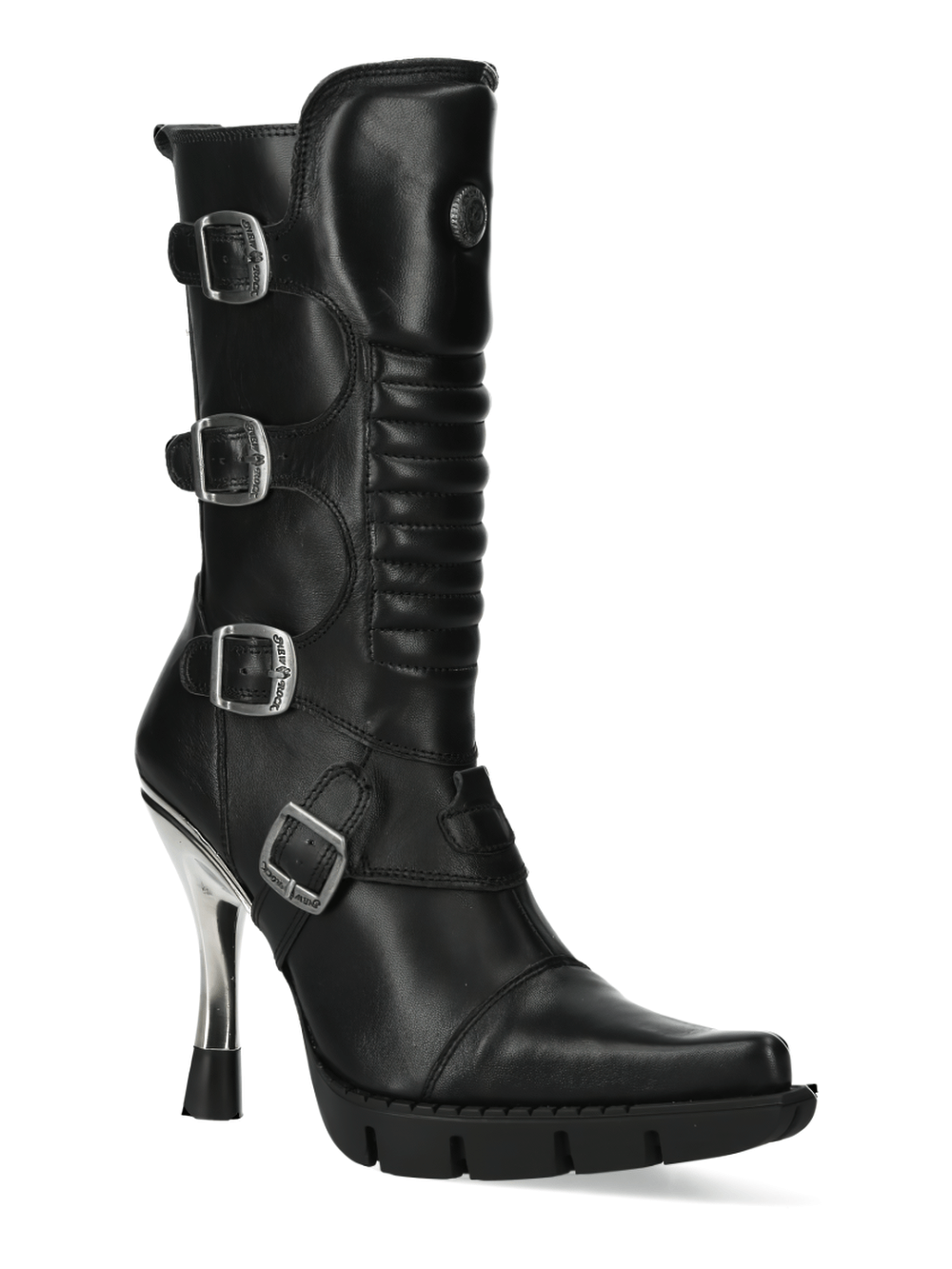 NEW ROCK high-heel black urban boots featuring buckles and stylish metallic accents, perfect for a bold fashion statement.