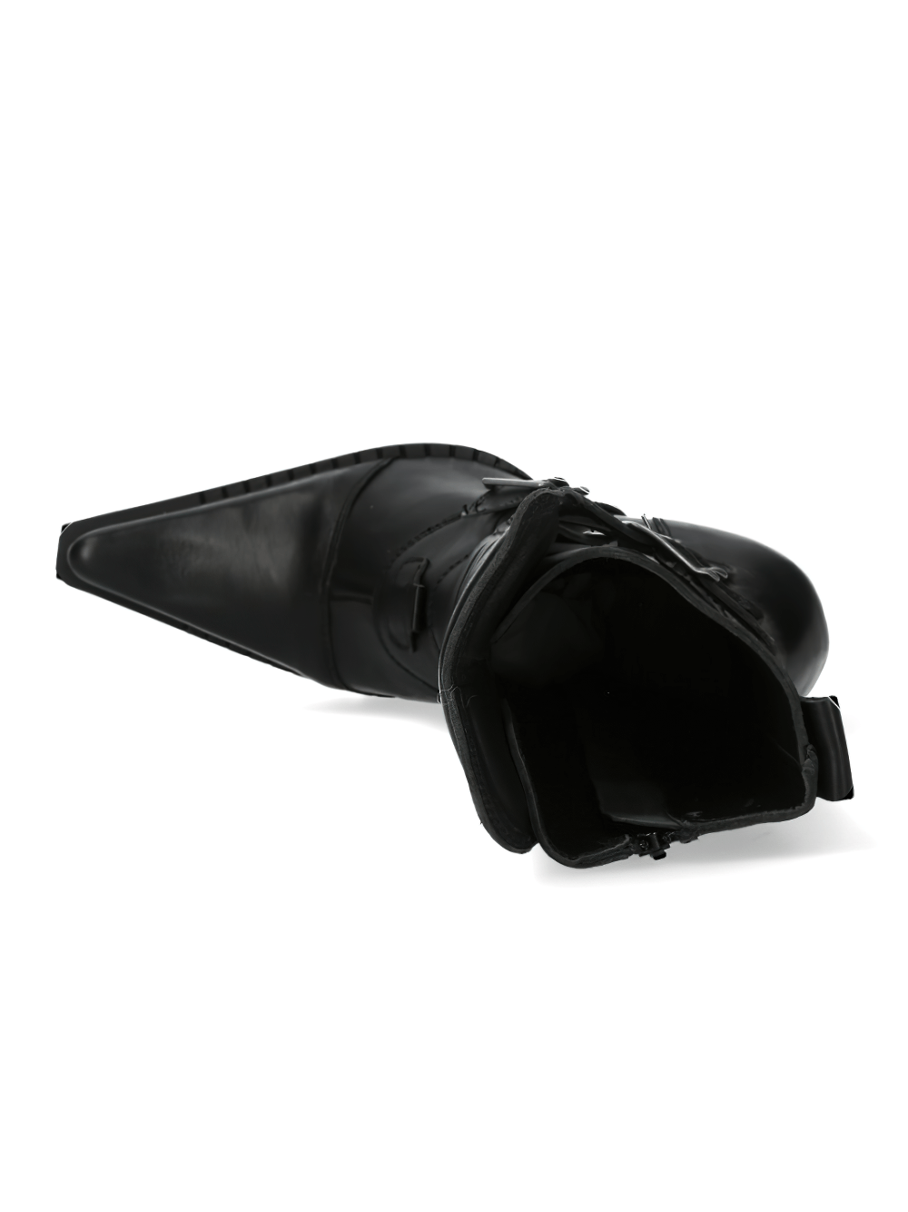 Black high-heel urban boots with buckles, showcasing punk-inspired leather design and pointed toe.