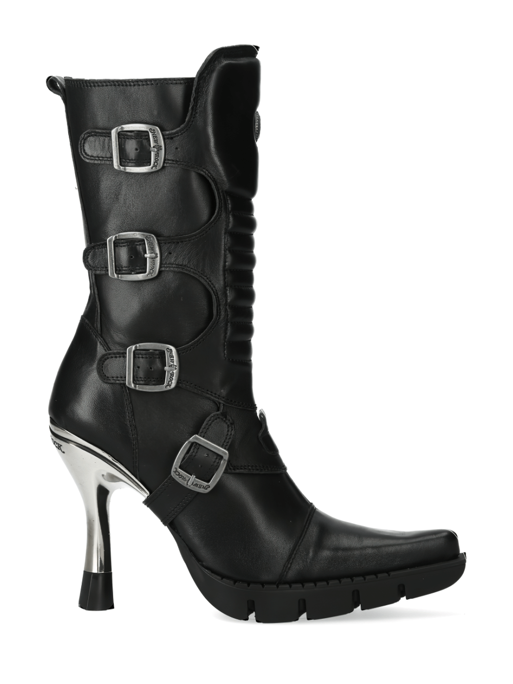 NEW ROCK black high-heel urban boots featuring buckles and metallic accents for a bold, edgy look.