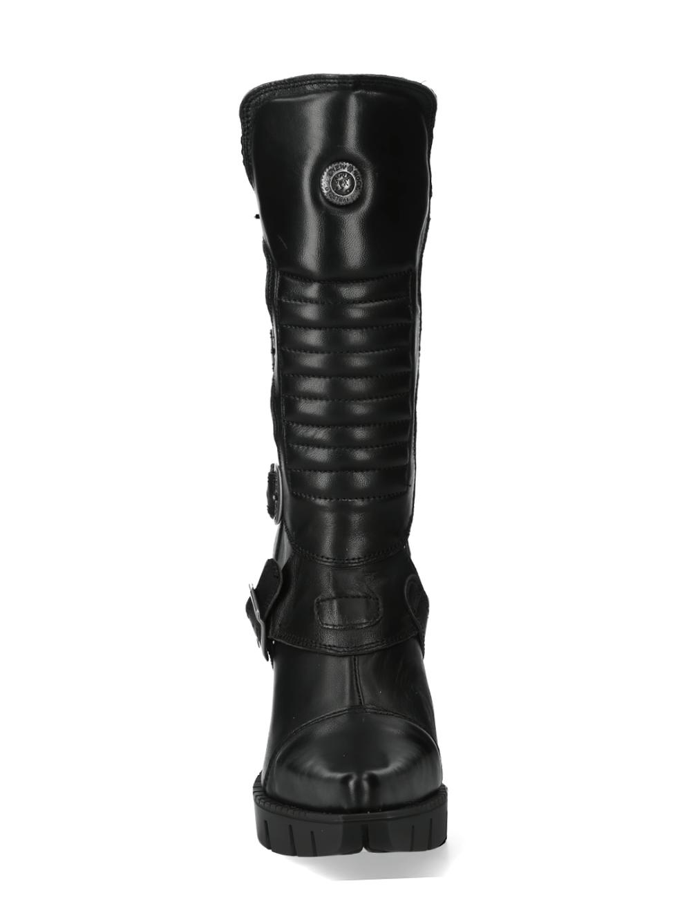 Back view of NEW ROCK Black High-Heel Urban Boots showcasing buckle details and sleek leather design.