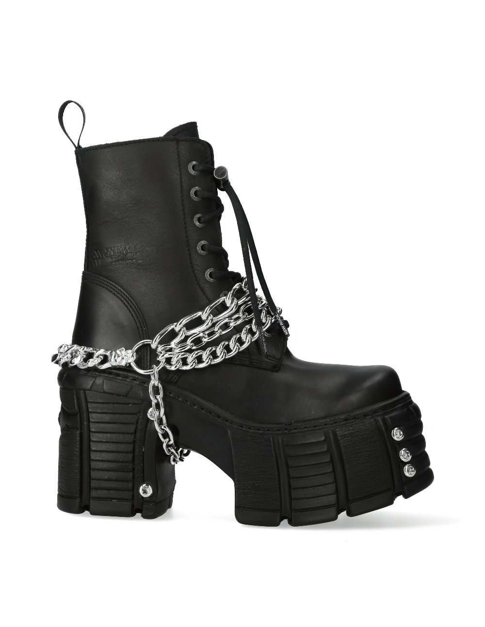 NEW ROCK black lace-up ankle boot with chains and platform, embodying a punk and goth style.