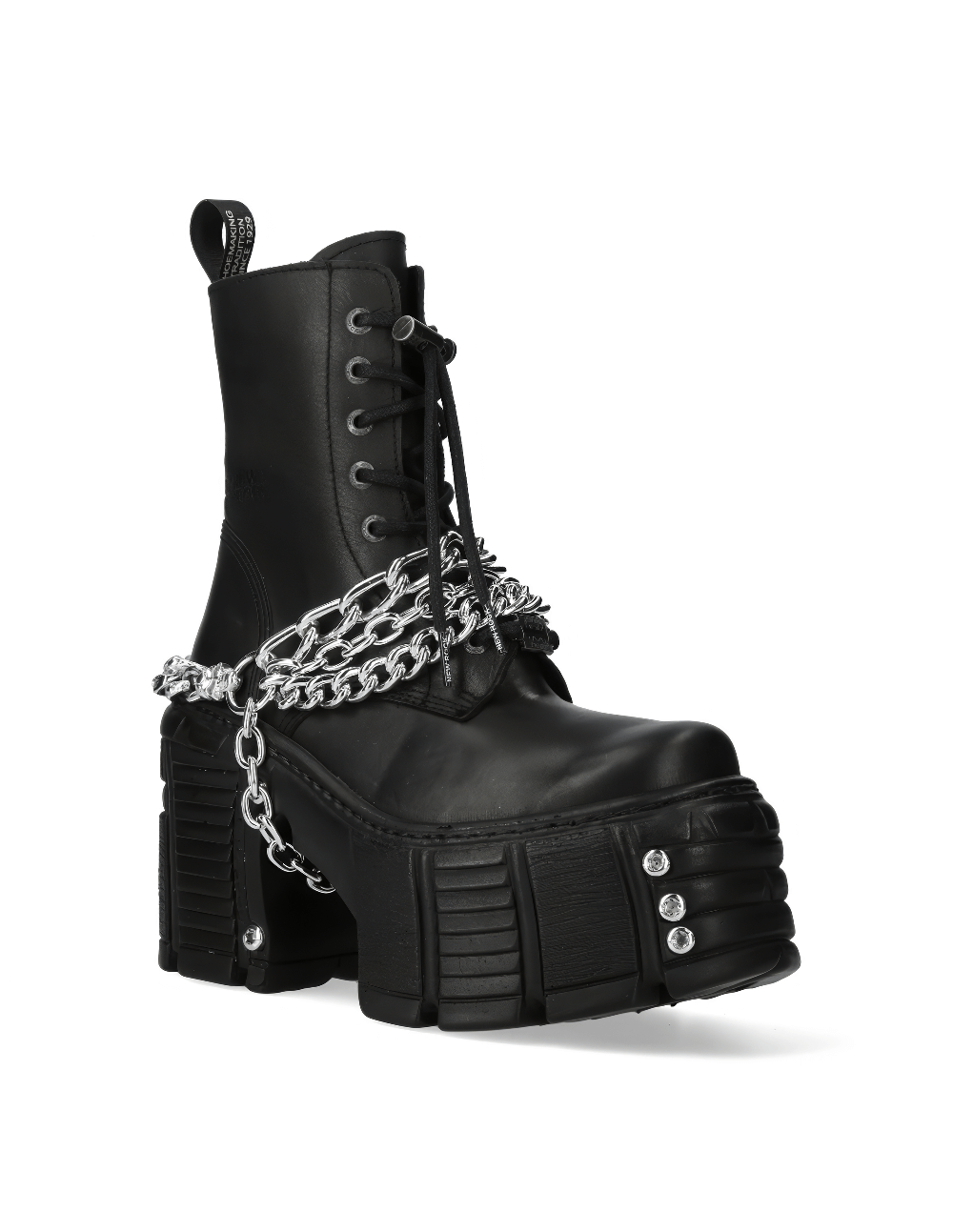 NEW ROCK Black lace-up ankle boot with chains and chunky platform, perfect for a punk rock style.