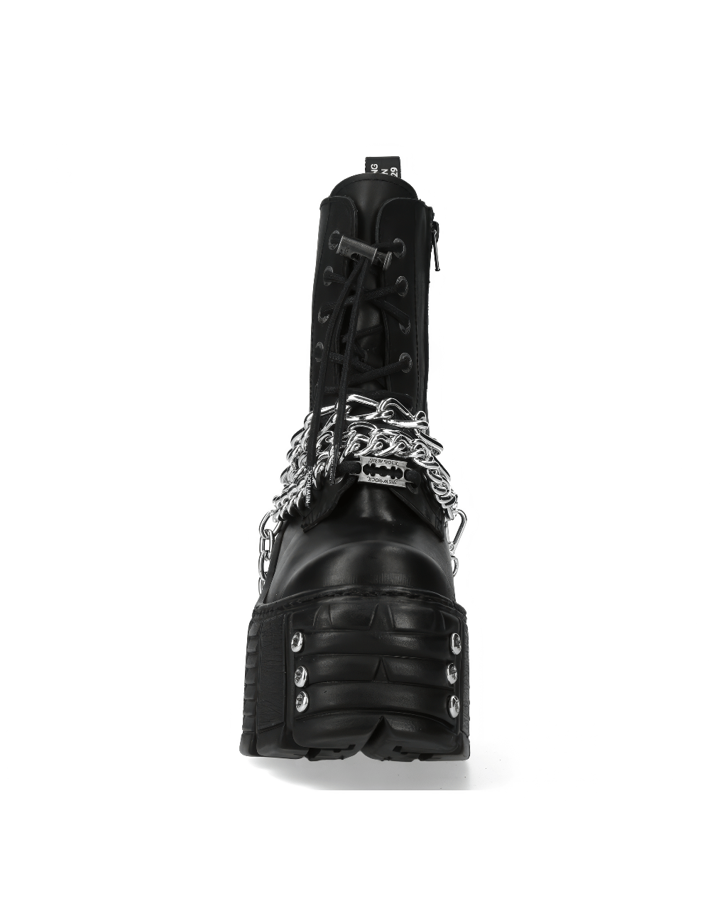 NEW ROCK Black lace-up ankle boot with chains and platform, showcasing punk style and metallic details.