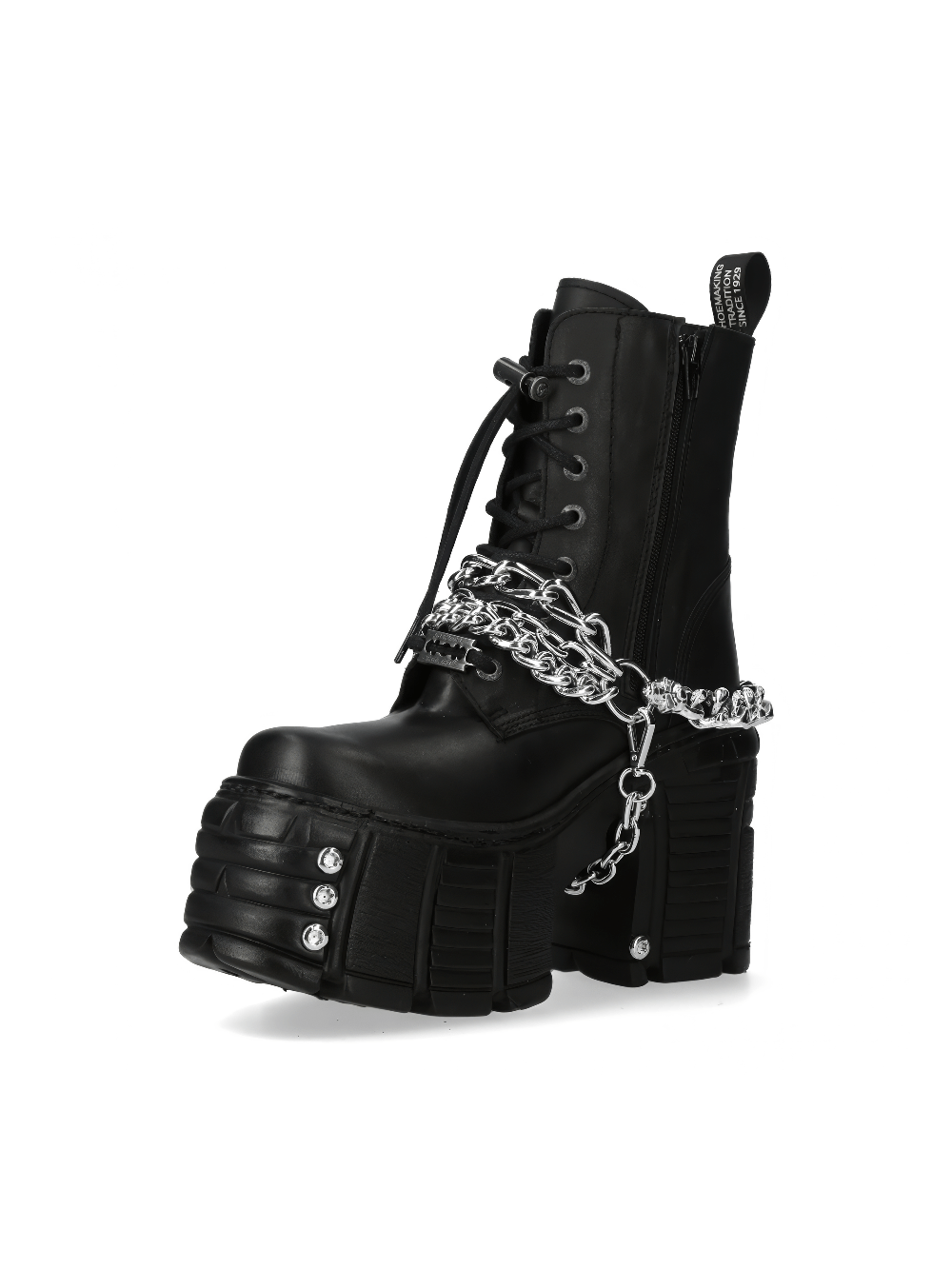NEW ROCK black lace-up ankle boot with chains and platform, perfect for punk style fashion lovers.