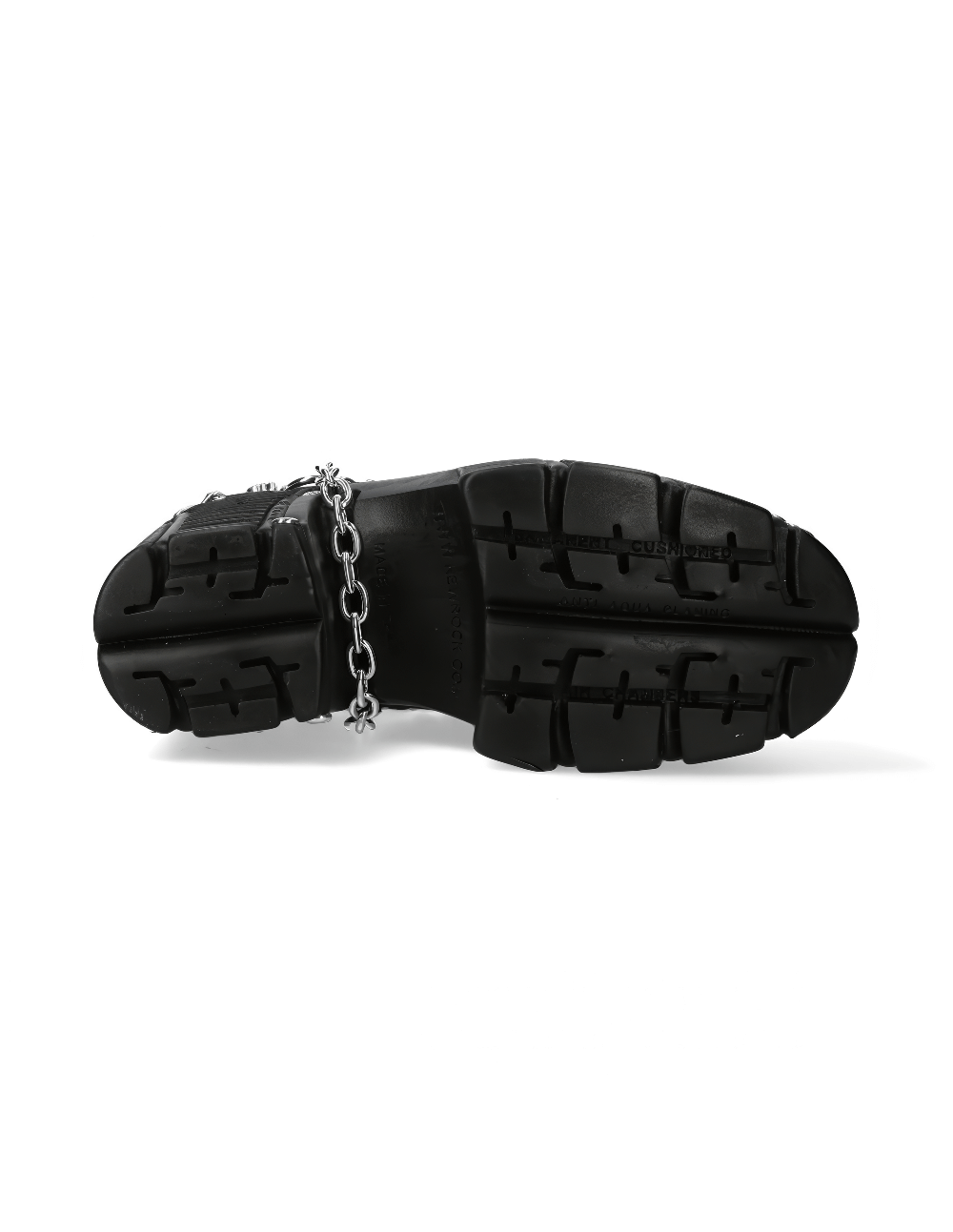 Bottom view of NEW ROCK Black Lace-Up Ankle Boot featuring chain detail and textured platform sole.