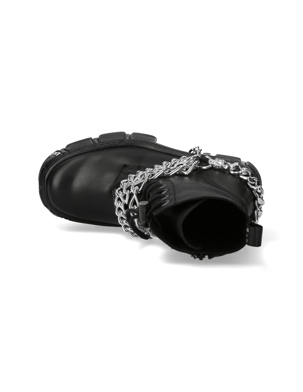 Black lace-up ankle boot with chains, platform, and metallic detail for a punk rock style.
