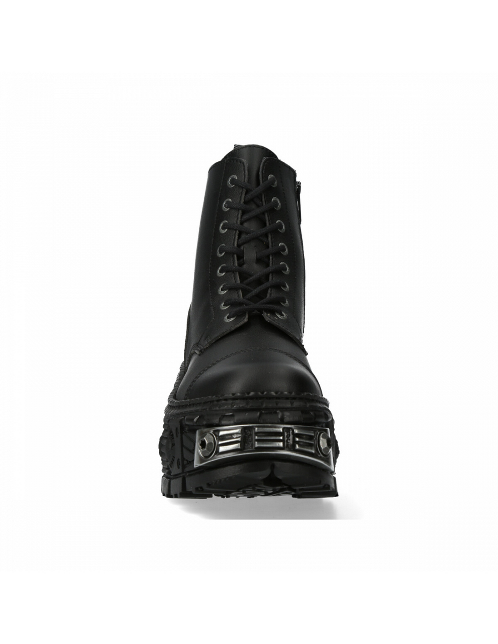 Front view of NEW ROCK Black Lace-Up Ankle Boots showcasing durable leather and bold design for men and women.