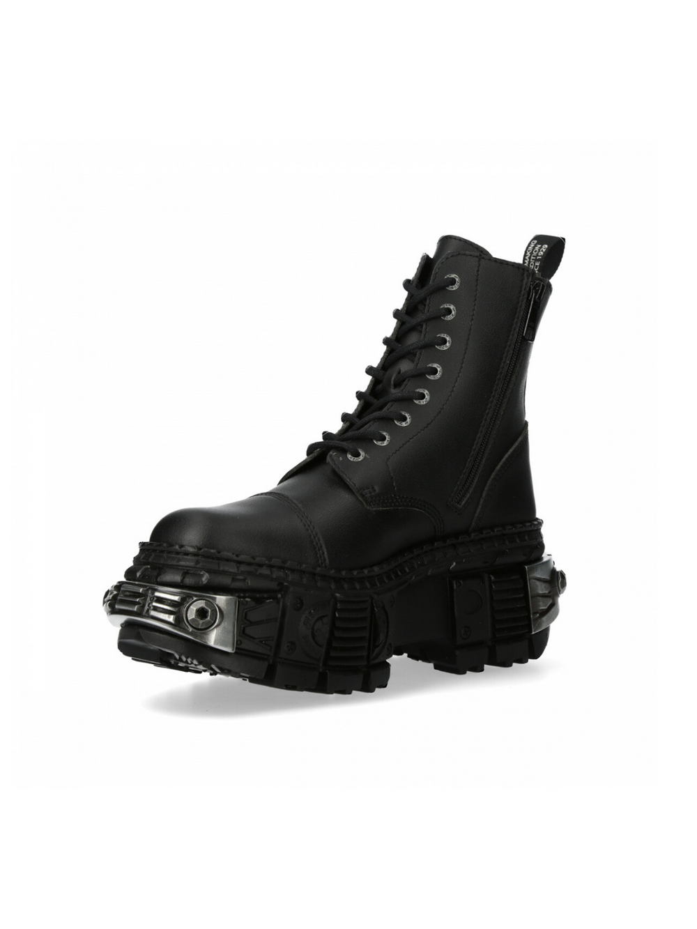 NEW ROCK unisex black lace-up ankle boots with sturdy platform heel and military-inspired design.